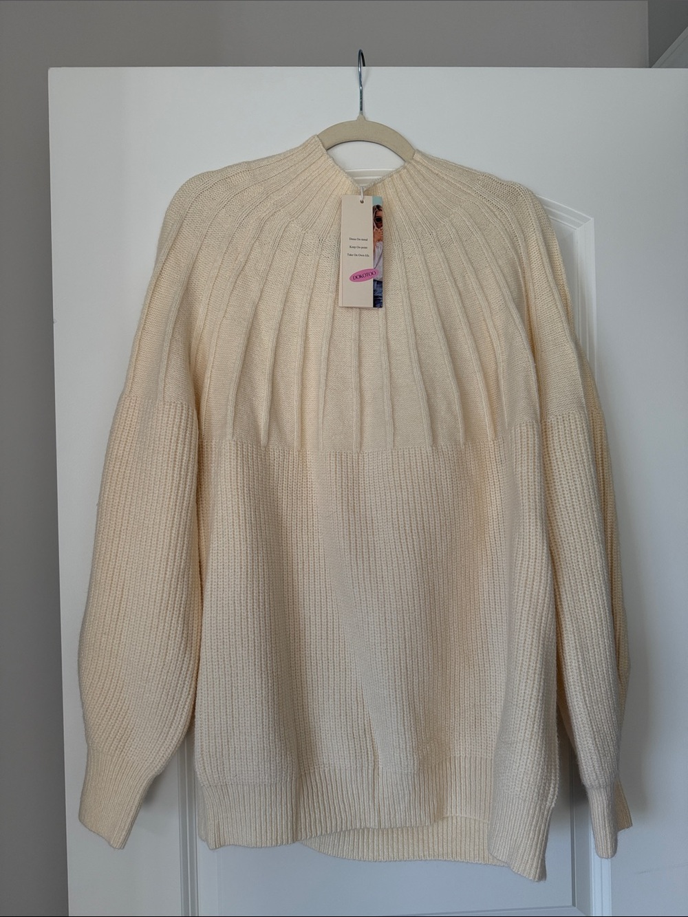 Women's Cream Ribbed Yoke Crewneck Sweater